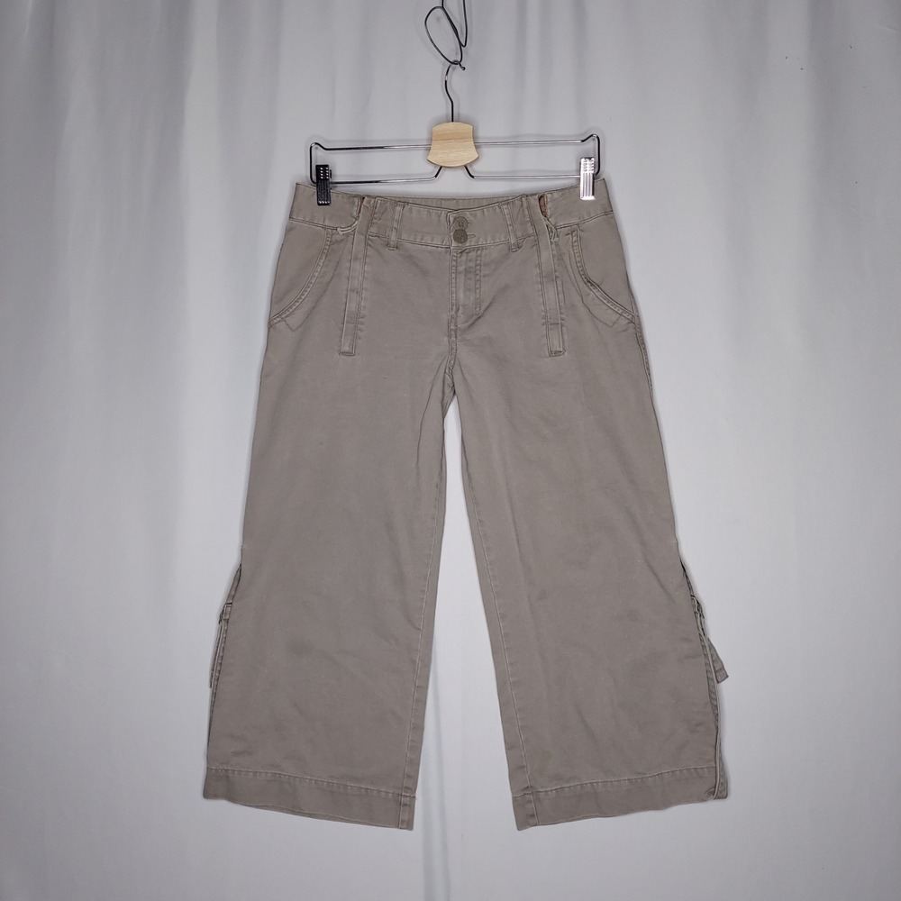Volcom Wide Leg Crop Pants Juniors 7 Khaki Beige Zip‎ Strap Vtg 00s Y2K Skater